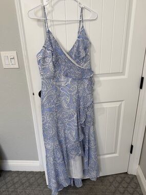 Express Light Blue Paisley High-Low Wrap Dress